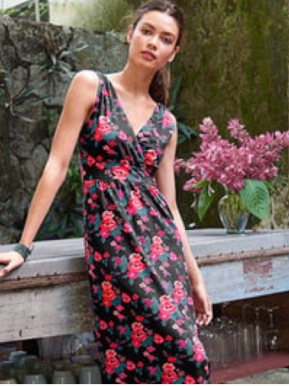 Garnet Hill Black Floral Rose Maxi Dress NWOT Size 6